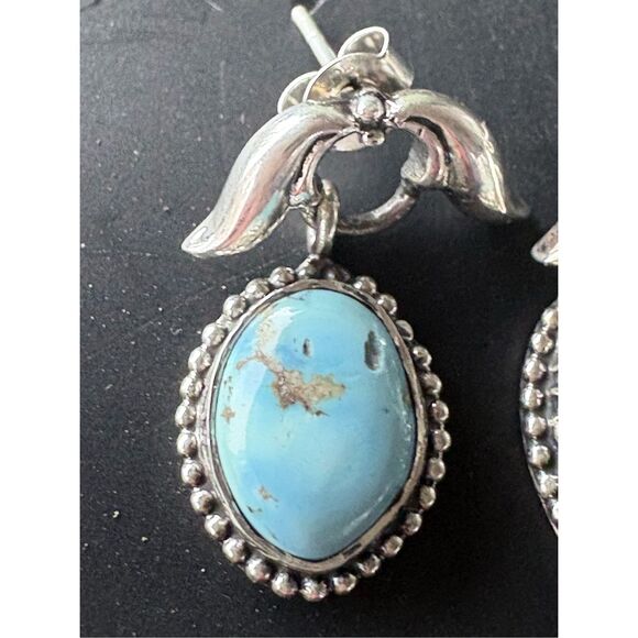 New Hespera 925 Sterling Silver & Kingman Turquoise Oval Dangle Drop Earrings - Picture 4 of 8